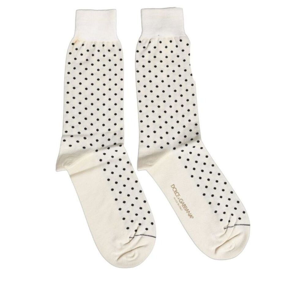 Dolce & Gabbana Off White Cotton Polka Dot Mid Calf Accessory Men's Socks